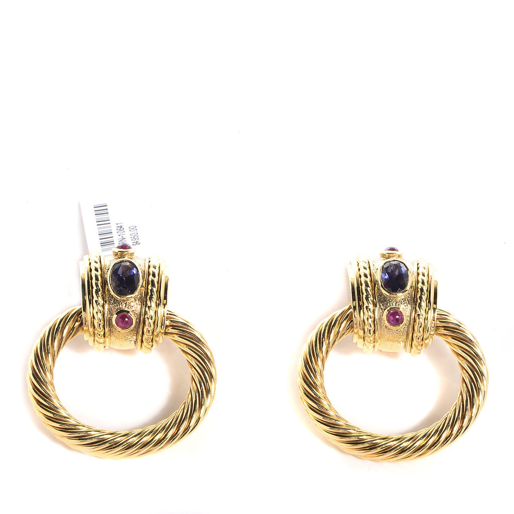 14K Gold Ruby Iolite Door Knocker Cable Earrings