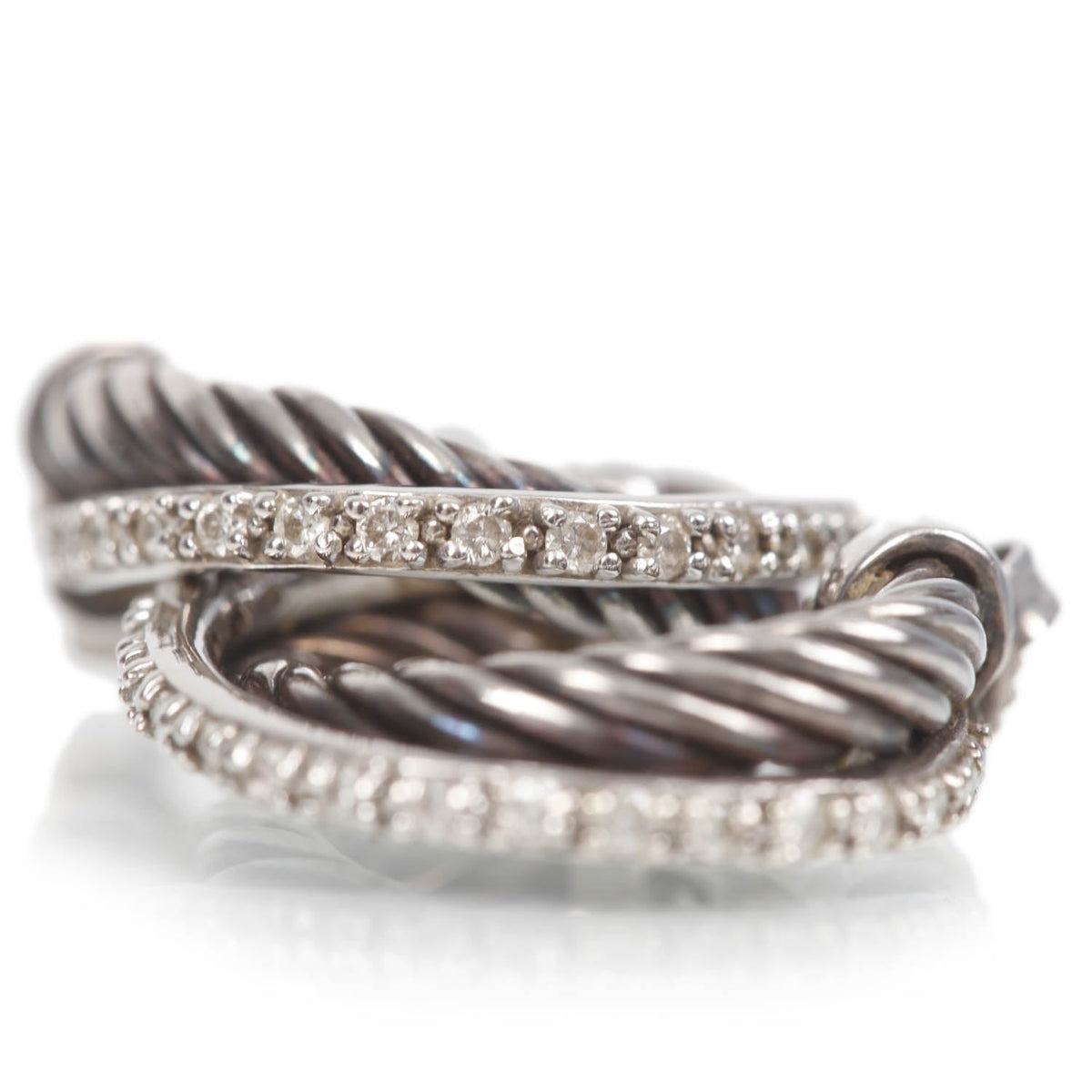 14k White Gold and Sterling Silver Pave Diamond Ice Crossover Diamond Hoop Earrings
