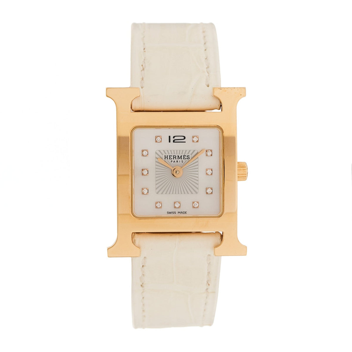 Stainless Steel Alligator Diamond Mother of Pearl 21mm Heure H Hour Quartz Watch Blanc