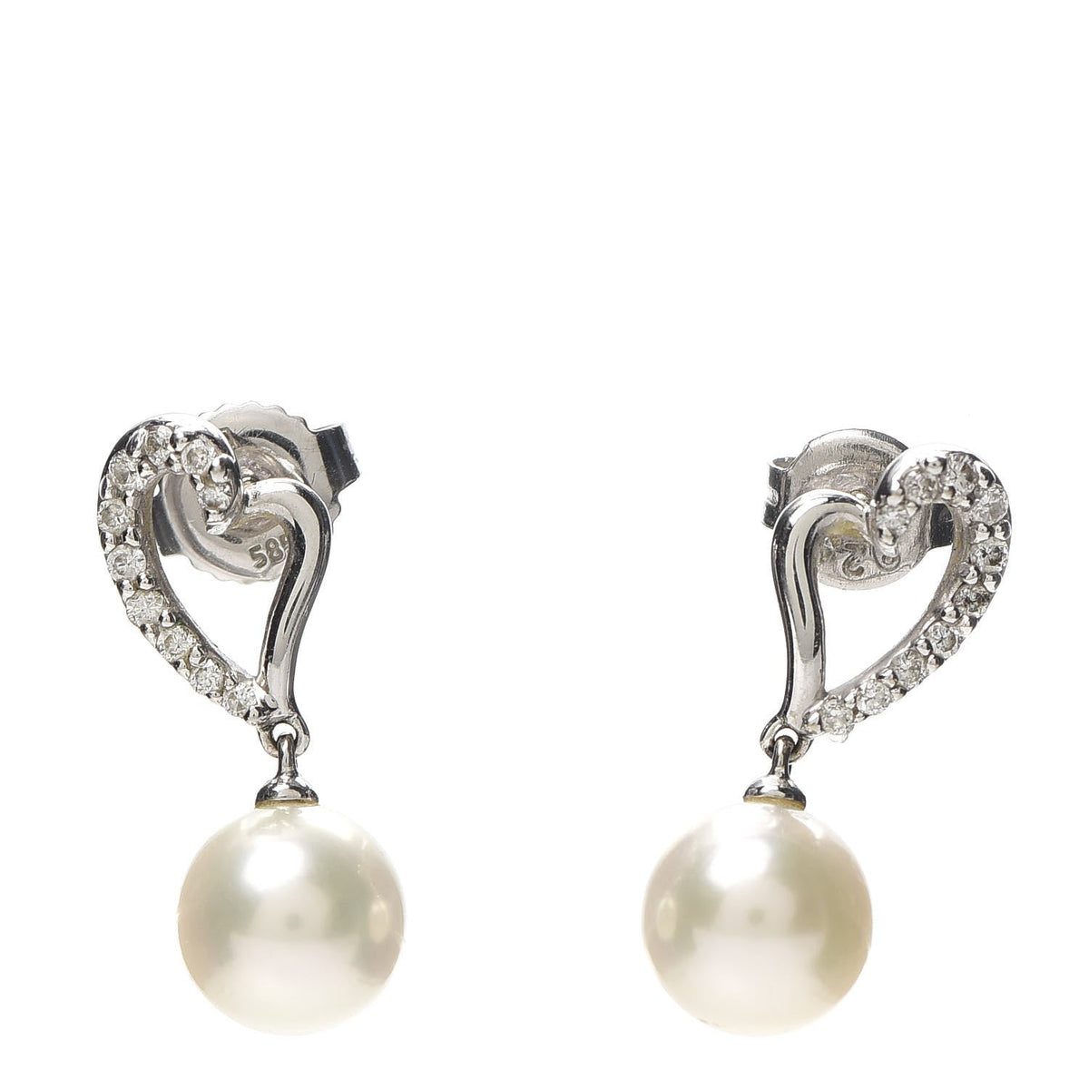 14K White Gold Diamond Akoya Pearl 7mm Blue Lagoon Heart Earrings