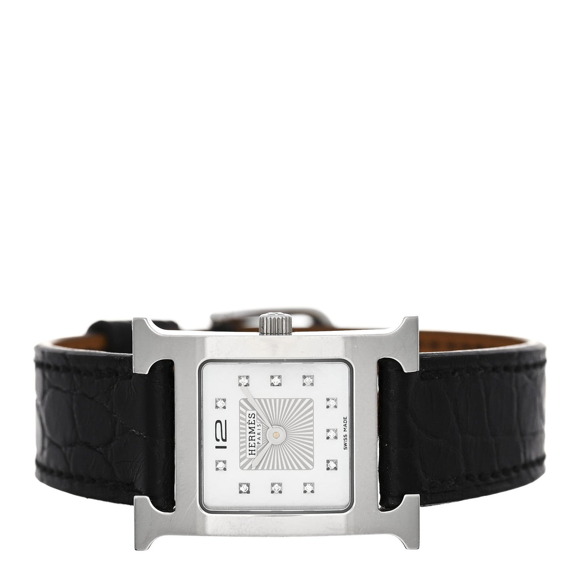 Stainless Steel Alligator Diamond Mother of Pearl 21mm Heure H Hour Quartz Watch Noir
