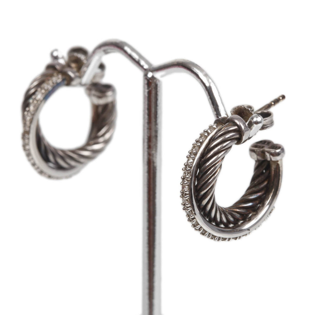 14k White Gold and Sterling Silver Pave Diamond Ice Crossover Diamond Hoop Earrings