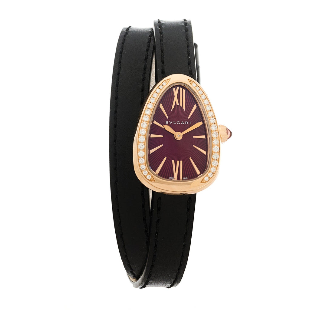 18K Rose Gold Calfskin Diamond Bezel 27mm Serpenti Double Wrap Quartz Watch Red
