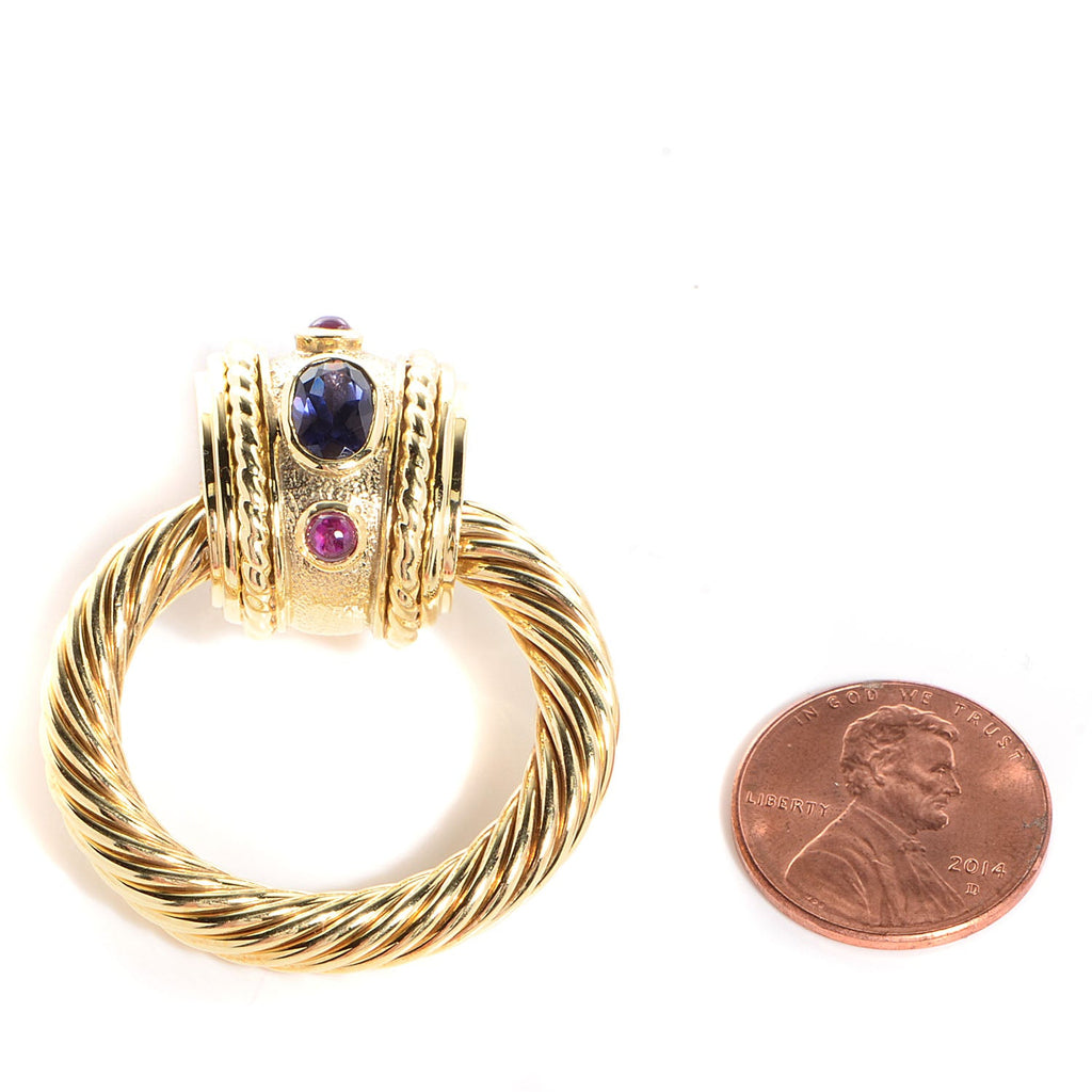 14K Gold Ruby Iolite Door Knocker Cable Earrings