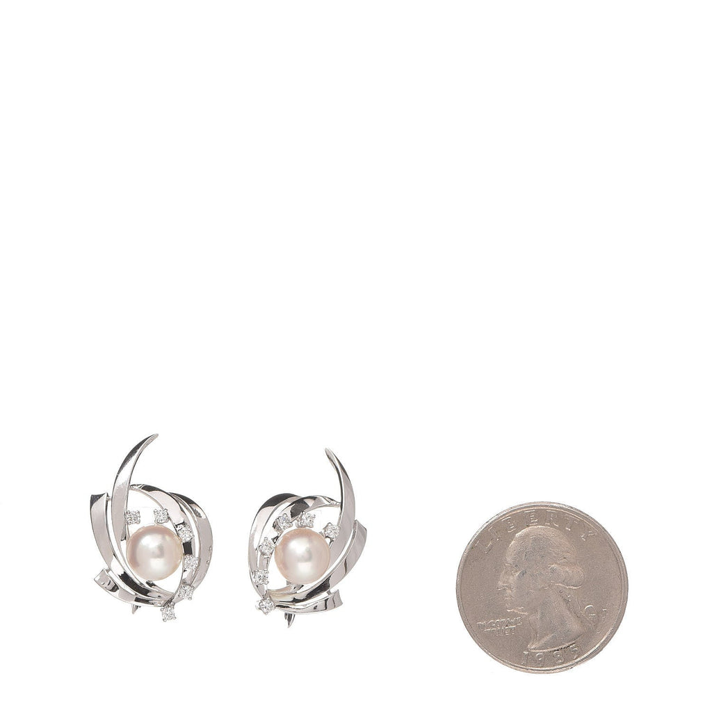 14K White Gold Diamond Akoya Pearl 8mm Screw Back Earrings