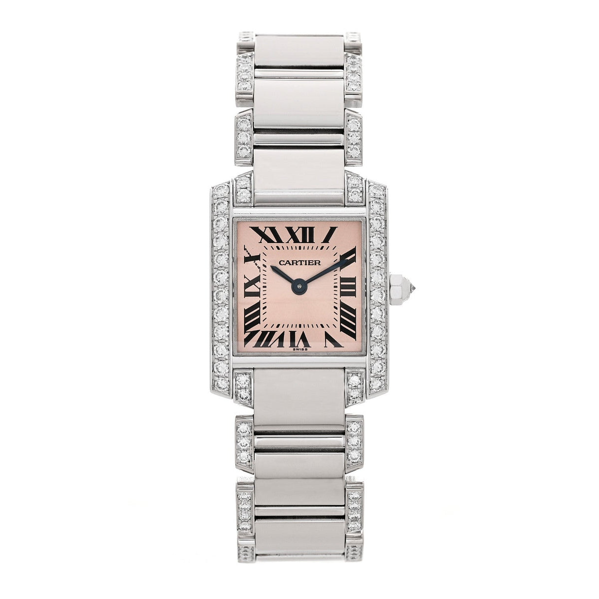 18K White Gold Diamond Bezel 20mm Tank Francaise Quartz Watch Pink