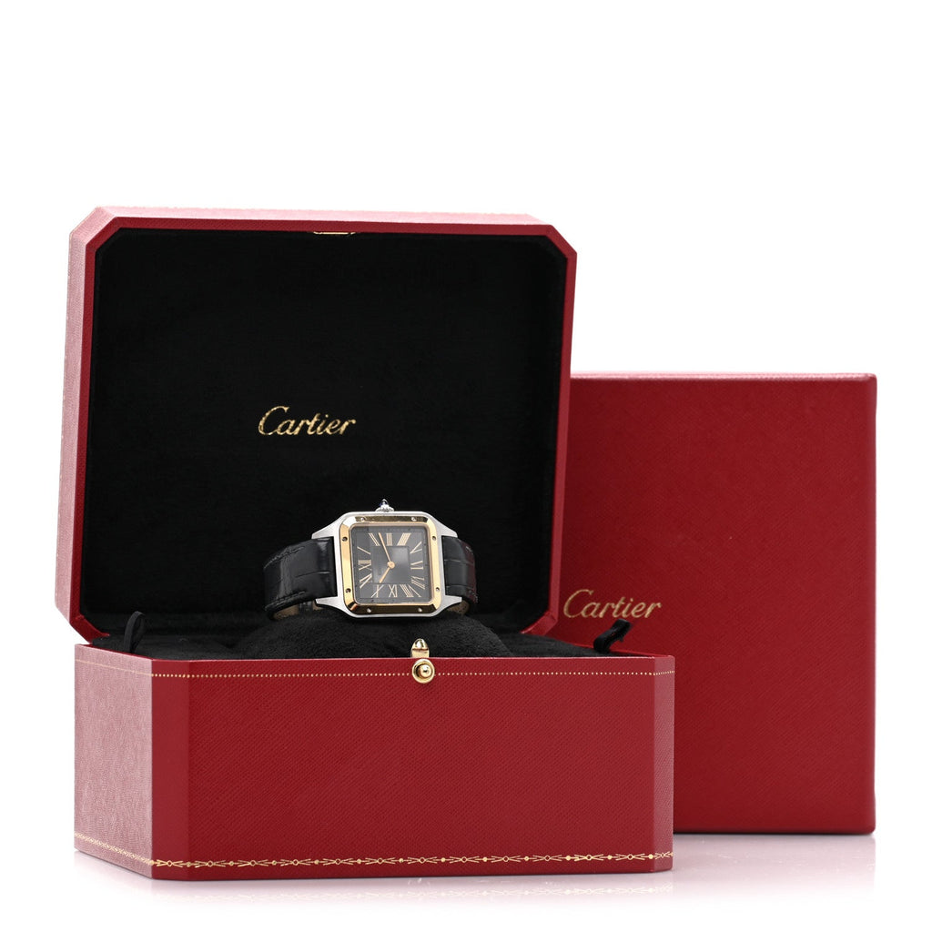 Stainless Steel 18K Yellow Gold Alligator 31.4mm Santos Dumont Quartz Watch Grey