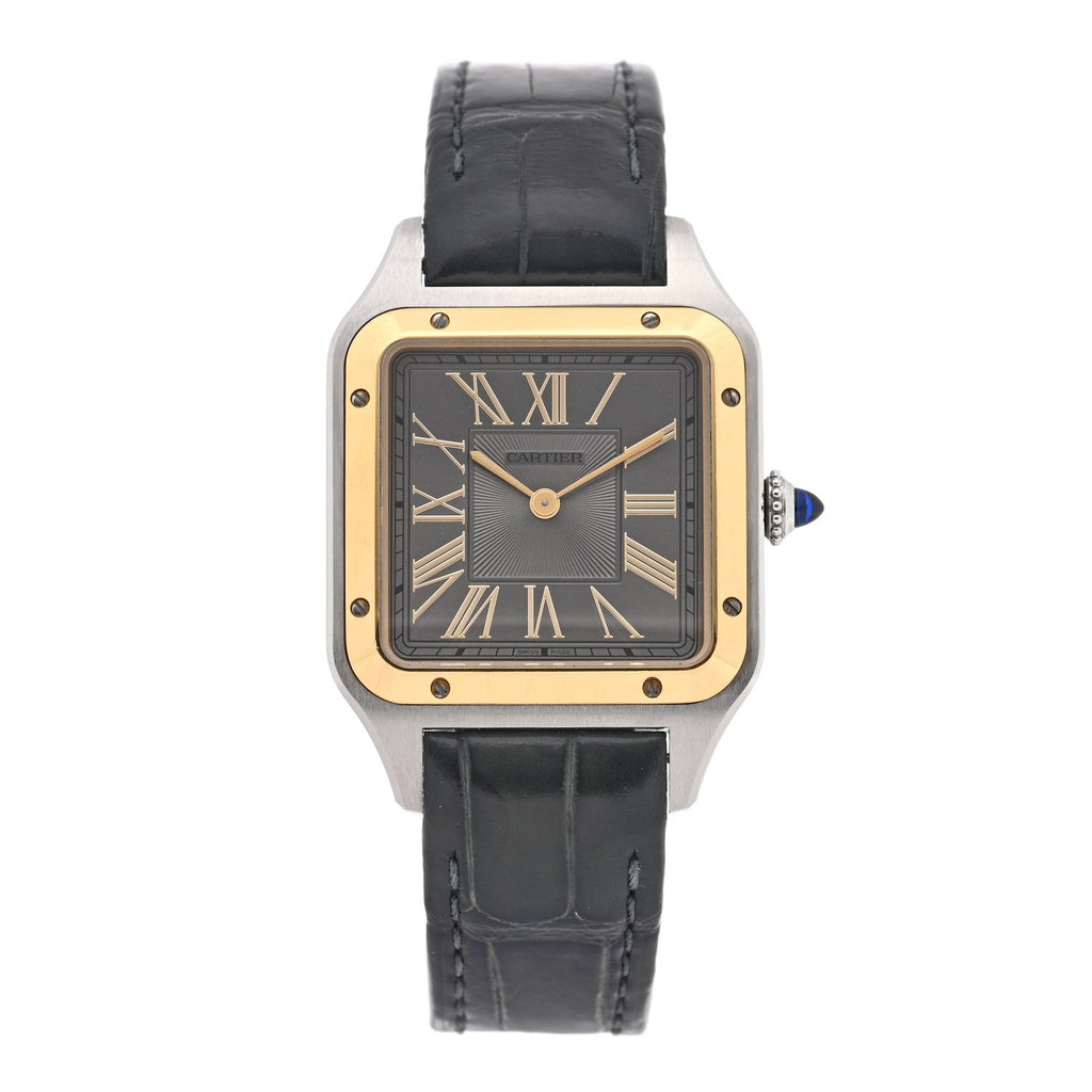 Stainless Steel 18K Yellow Gold Alligator 31.4mm Santos Dumont Quartz Watch Grey