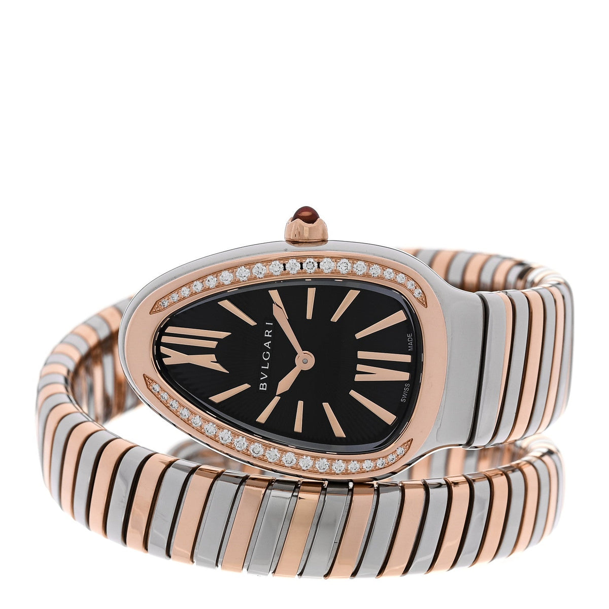 Stainless Steel 18K Rose Gold Diamond Bezel 35mm Serpenti Tubogas Quartz Watch Black