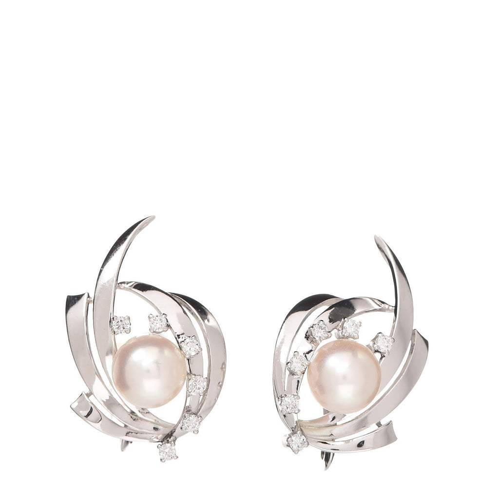 14K White Gold Diamond Akoya Pearl 8mm Screw Back Earrings