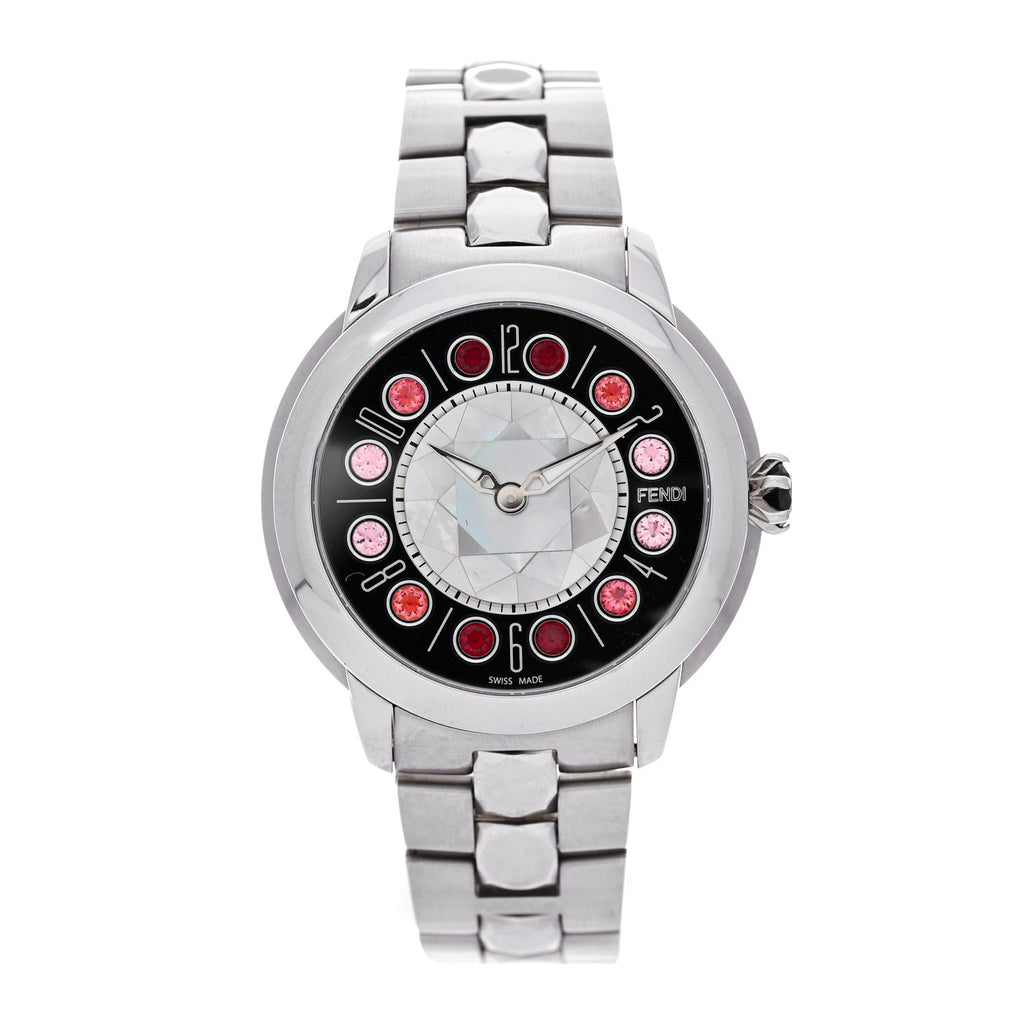 Stainless Steel Mother of Pearl Topaz Spinel 38mm Ishine Rotating Gem Two Tone Quartz Watch Black