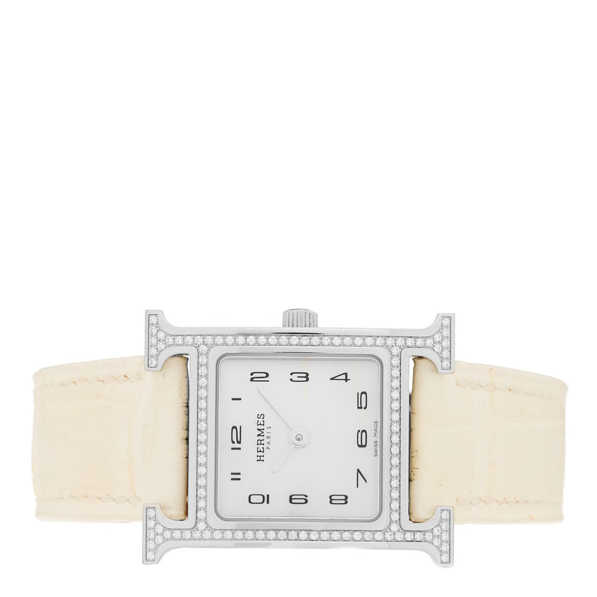 Stainless Steel Alligator Diamond Bezel Mother of Pearl 21mm Heure H Hour Quartz Watch Blanc