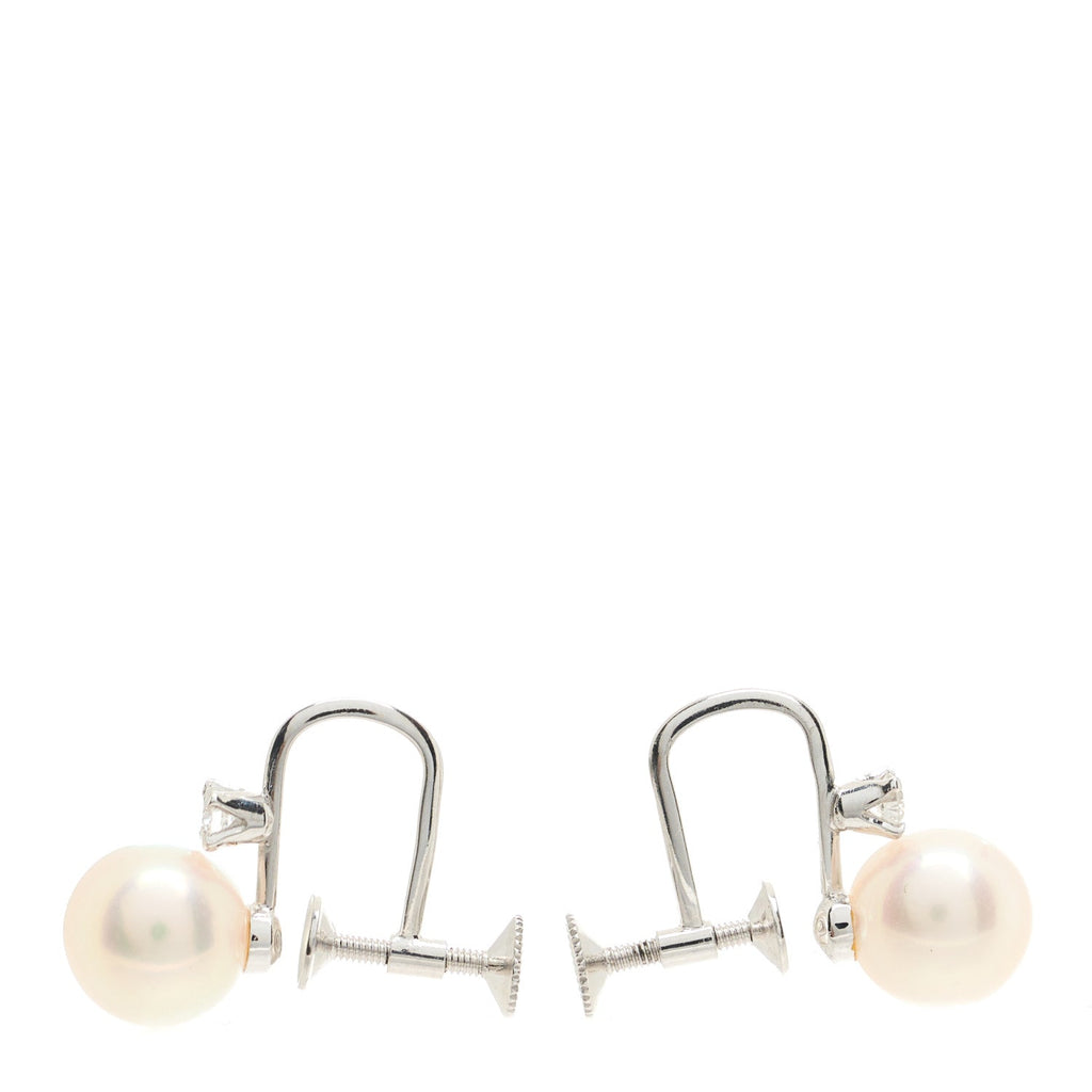 14K White Gold Diamond Akoya Pearl 7.5mm Screw Back Earrings