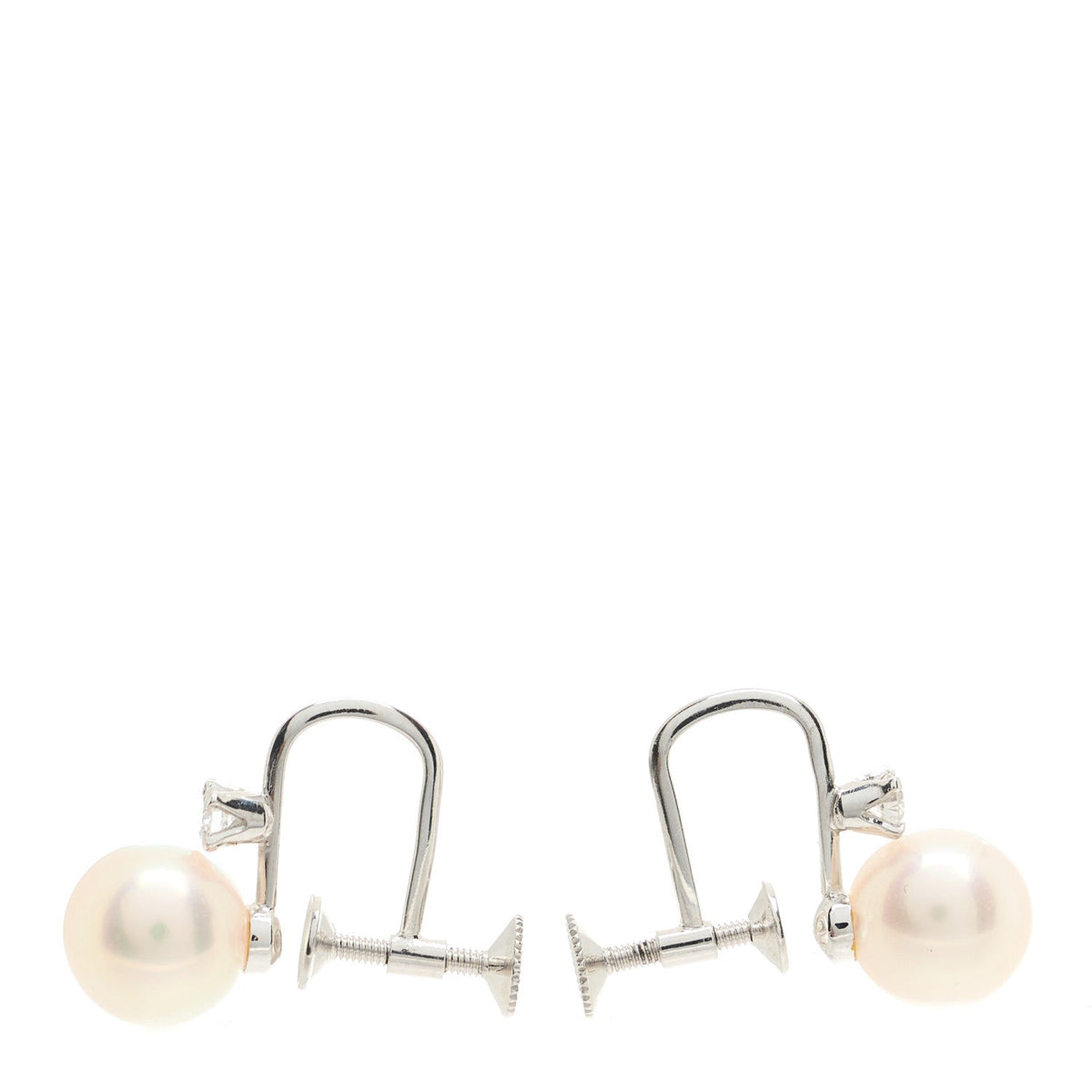 14K White Gold Diamond Akoya Pearl 7.5mm Screw Back Earrings