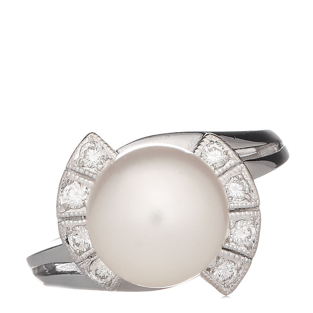 14K White Gold Diamond Akoya Pearl 9mm Deco Ring 49 4.75