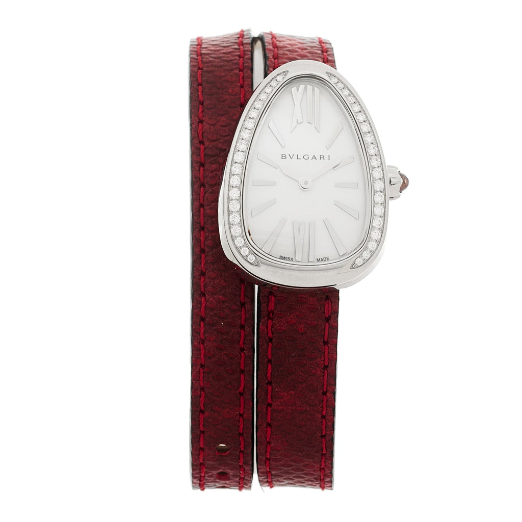 Stainless Steel Lizard Diamond Bezel Mother of Pearl 32mm Serpenti Double Wrap Quartz Watch