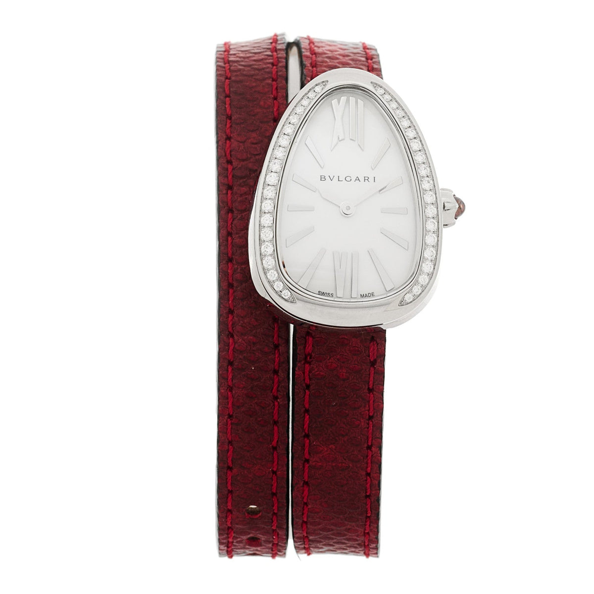 Stainless Steel Lizard Diamond Bezel Mother of Pearl 32mm Serpenti Double Wrap Quartz Watch