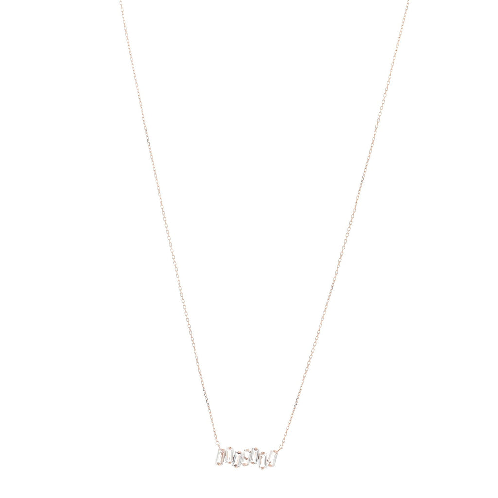 14K Rose Gold White Topaz Baguette Bar Pendant Necklace