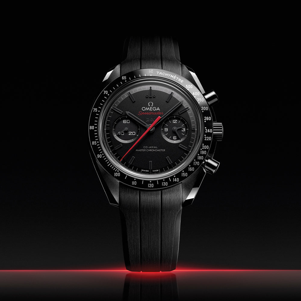 Speedmaster Dark Side of the Moon Black Ceramic 44.25mm - Full Black w/ Red Seconds Hand on Rubber Strap
